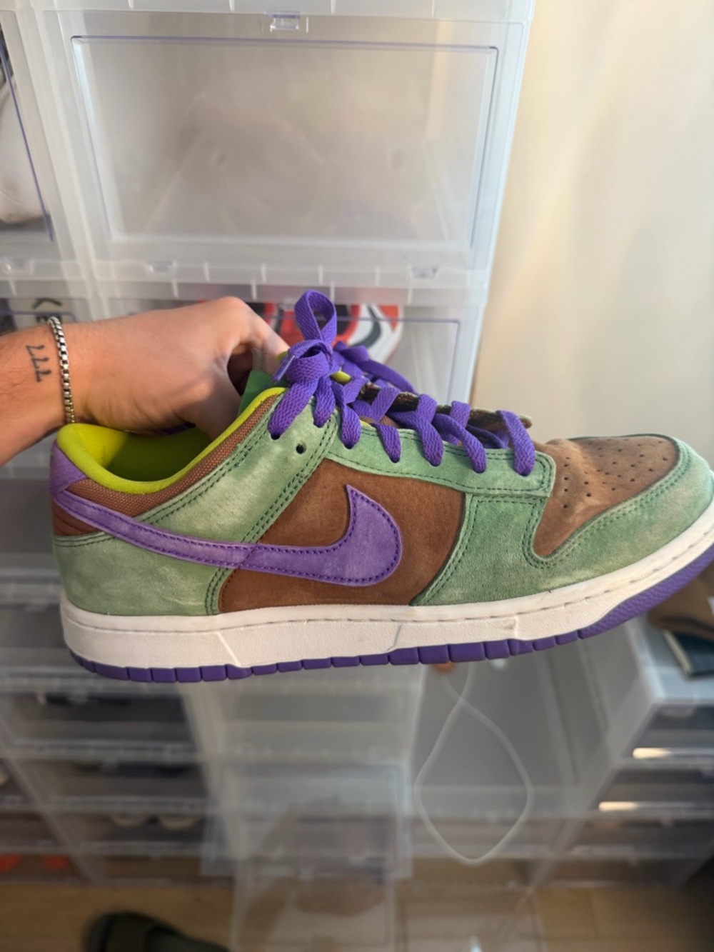 Nike Dunk Low in Green, Brown & Purple with Lime Lining